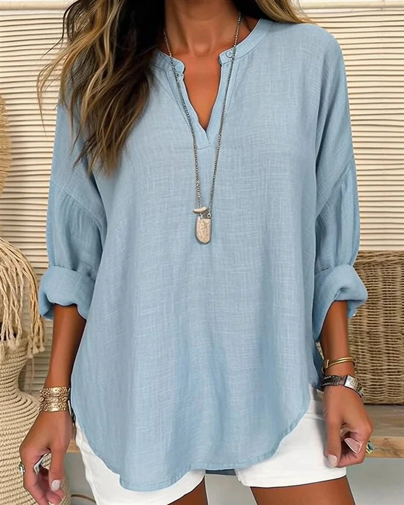 Women's Relaxed Fit Long Sleeve Cotton Linen Blend Stand Collar Top Blue