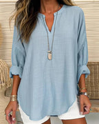 Women's Relaxed Fit Long Sleeve Cotton Linen Blend Stand Collar Top Blue