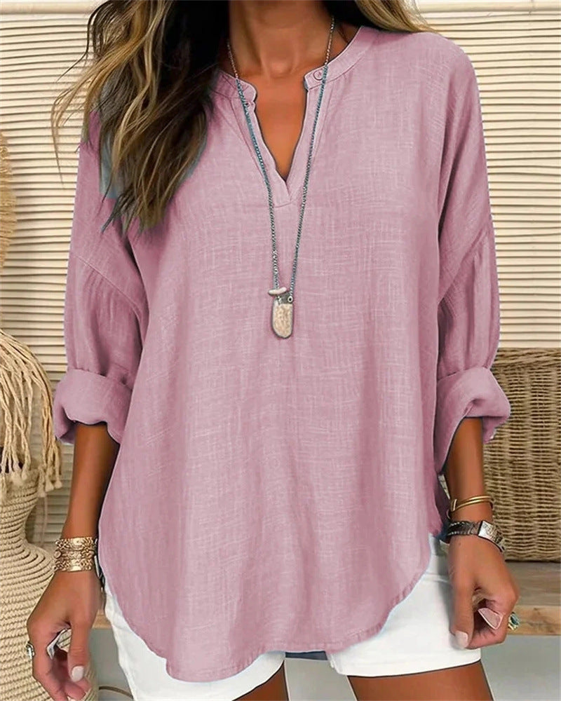 Women's Relaxed Fit Long Sleeve Cotton Linen Blend Stand Collar Top Pink