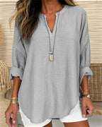 Women's Relaxed Fit Long Sleeve Cotton Linen Blend Stand Collar Top Grey