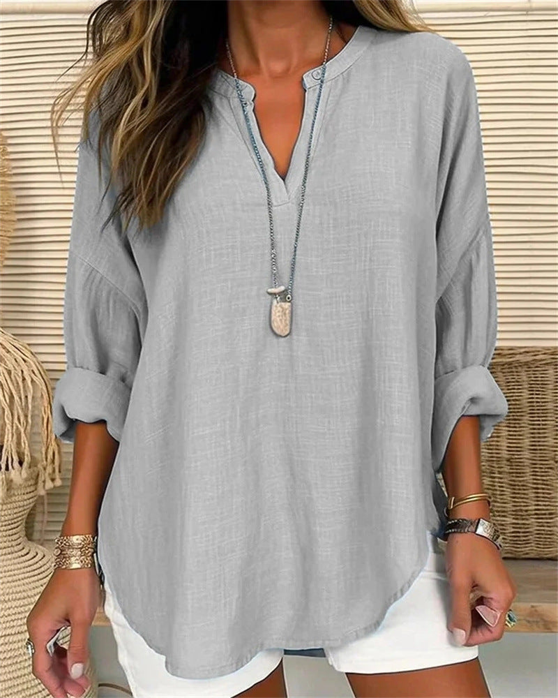 Women's Relaxed Fit Long Sleeve Cotton Linen Blend Stand Collar Top Grey