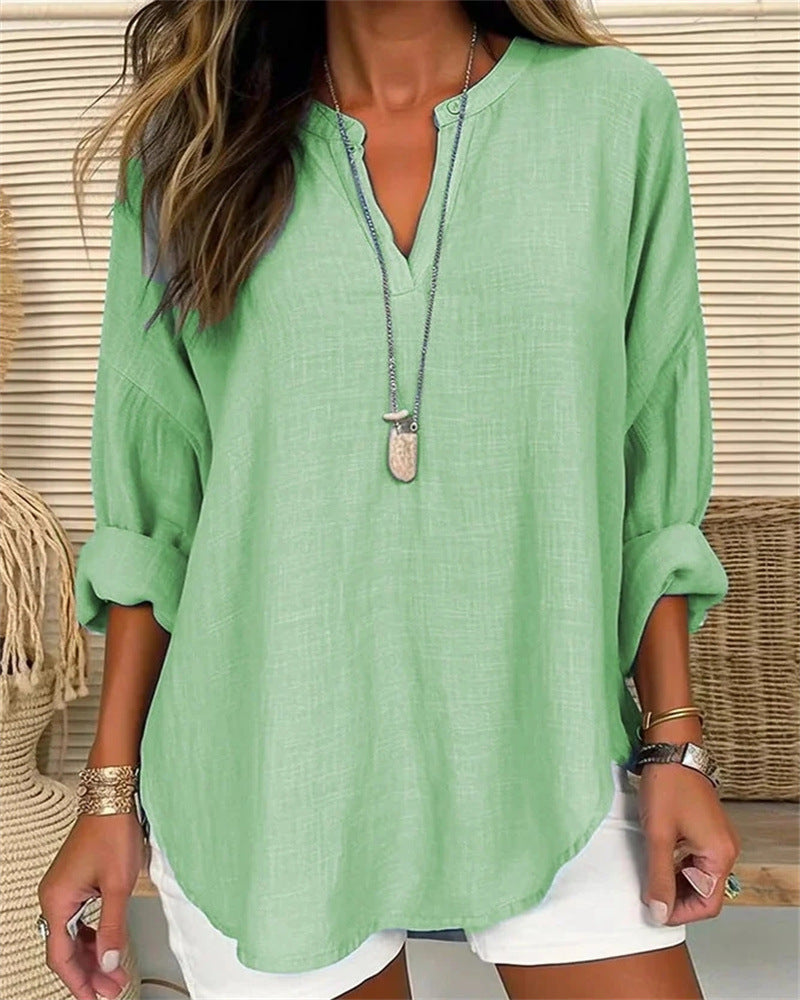 Women's Relaxed Fit Long Sleeve Cotton Linen Blend Stand Collar Top Green