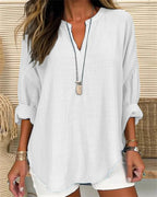 Women's Relaxed Fit Long Sleeve Cotton Linen Blend Stand Collar Top White