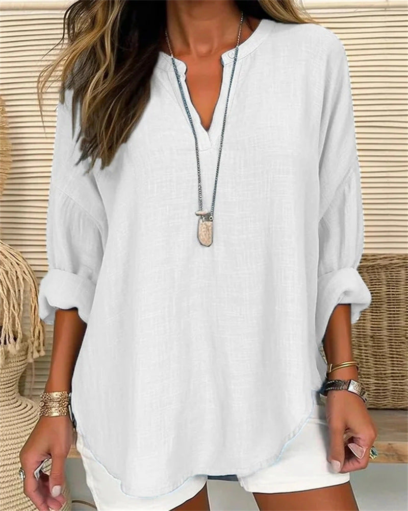 Women's Relaxed Fit Long Sleeve Cotton Linen Blend Stand Collar Top White