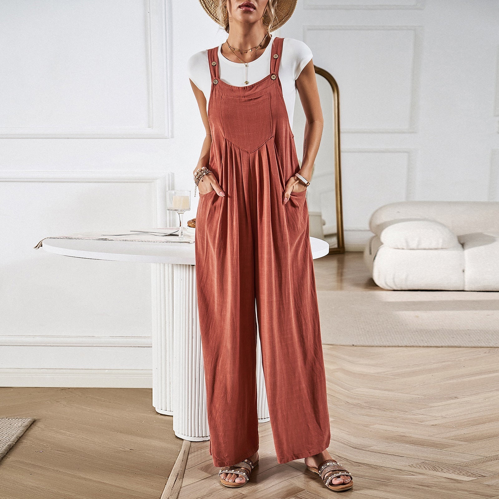 Women's Relaxed Fit Wide Leg Overalls - Cotton Linen Blend, Adjustable Straps Orange