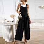 Women's Relaxed Fit Wide Leg Overalls - Cotton Linen Blend, Adjustable Straps Black
