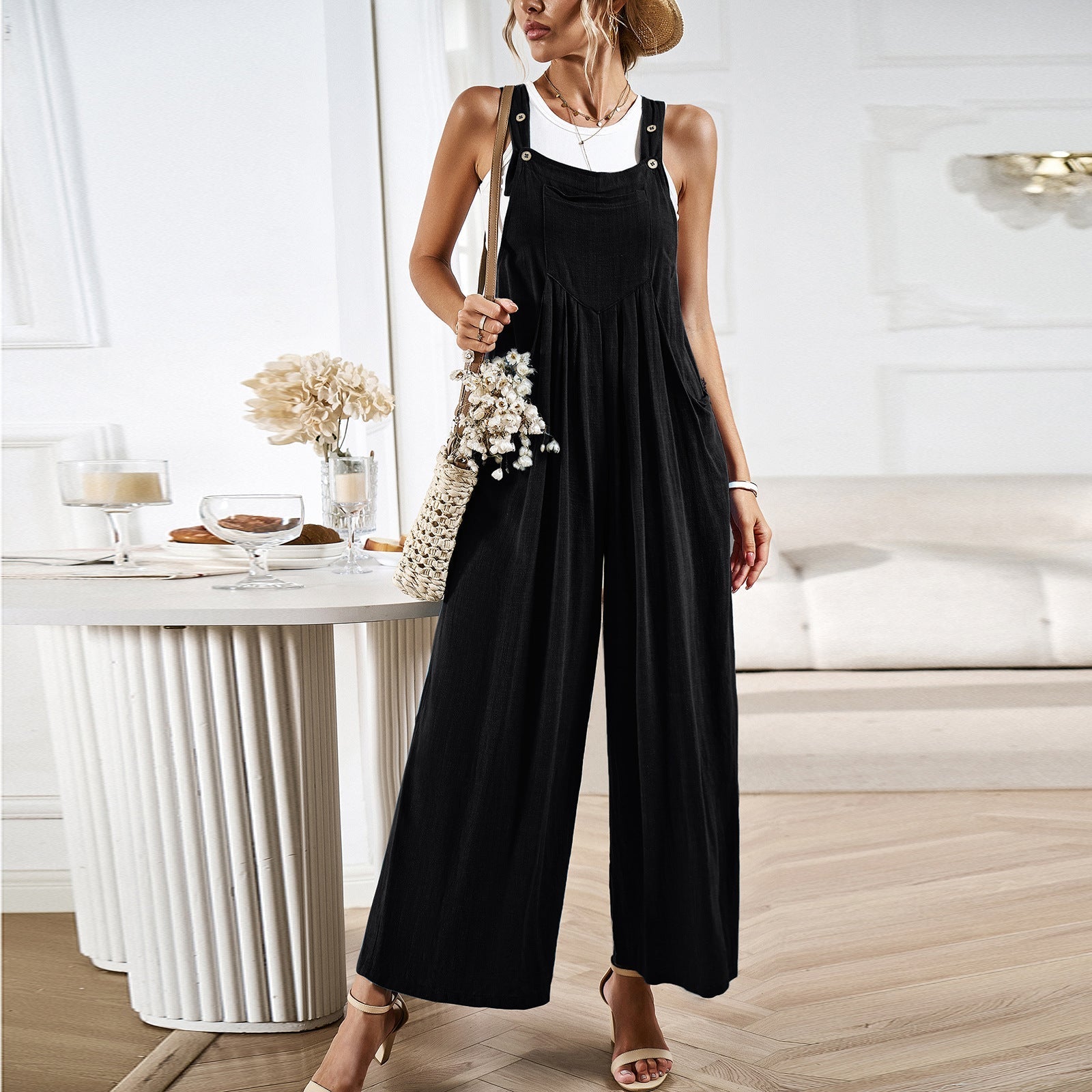 Women's Relaxed Fit Wide Leg Overalls - Cotton Linen Blend, Adjustable Straps Black