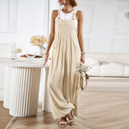 Women's Relaxed Fit Wide Leg Overalls - Cotton Linen Blend, Adjustable Straps Beige