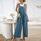 Women's Relaxed Fit Wide Leg Overalls - Cotton Linen Blend, Adjustable Straps Blue