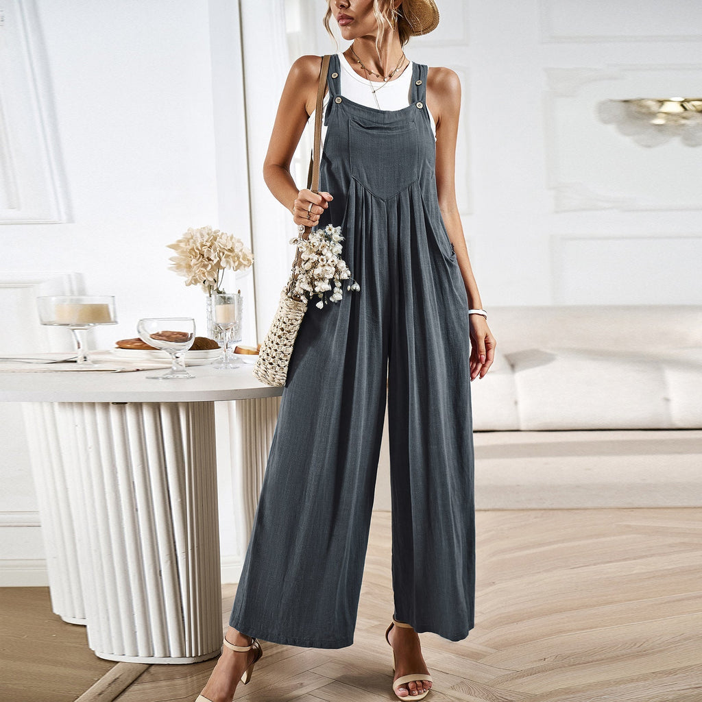 Women's Relaxed Fit Wide Leg Overalls - Cotton Linen Blend, Adjustable Straps Grey