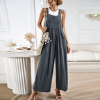 Women's Relaxed Fit Wide Leg Overalls - Cotton Linen Blend, Adjustable Straps Grey