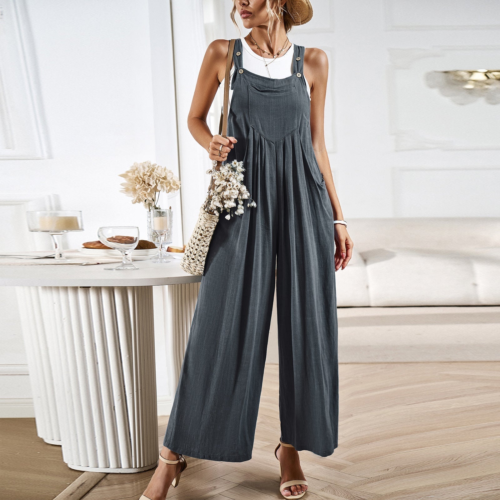 Women's Relaxed Fit Wide Leg Overalls - Cotton Linen Blend, Adjustable Straps Grey
