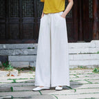 Women's Relaxed Fit Wide-Leg Trousers - Cotton Linen Blend, Drawstring Waist White