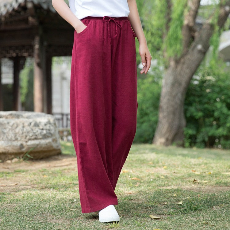 Women's Relaxed Fit Wide-Leg Trousers - Cotton Linen Blend, Drawstring Waist Red