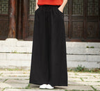 Women's Relaxed Fit Wide-Leg Trousers - Cotton Linen Blend, Drawstring Waist Black