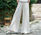 Women's Relaxed Fit Wide-Leg Trousers - Cotton Linen Blend, Drawstring Waist Off-White