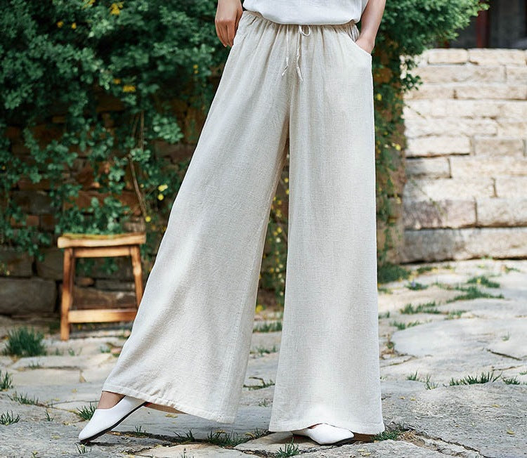 Women's Relaxed Fit Wide-Leg Trousers - Cotton Linen Blend, Drawstring Waist Off-White