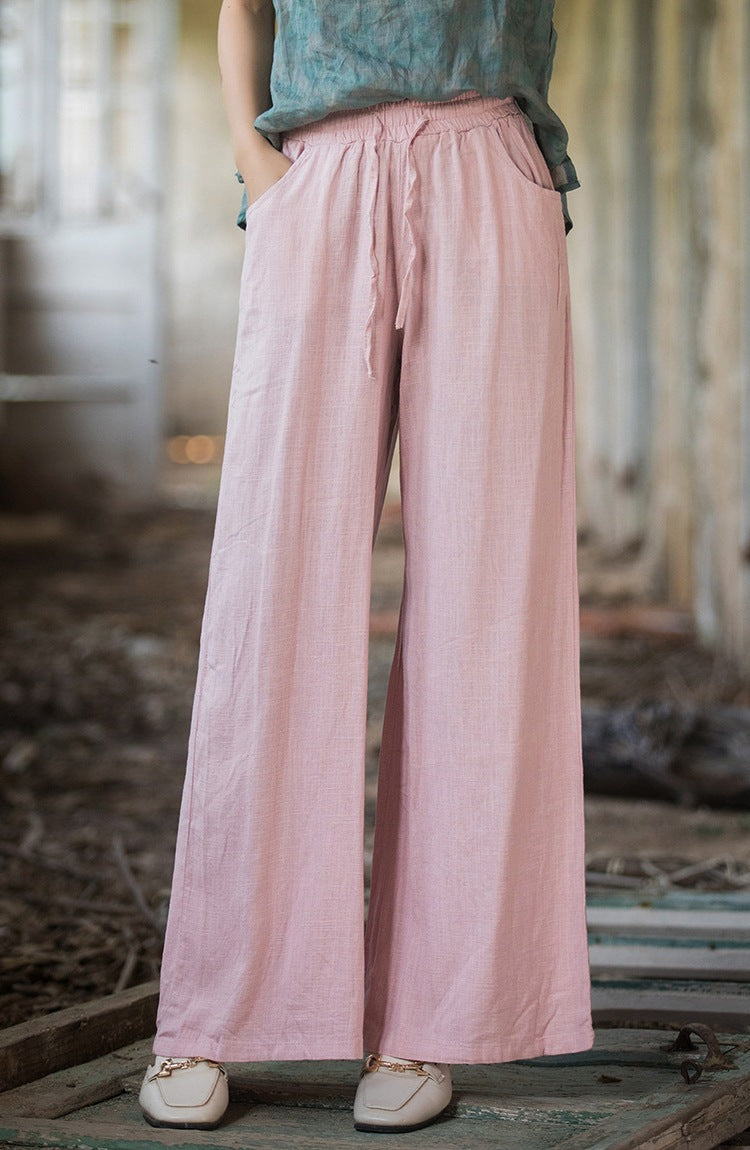 Women's Relaxed Fit Wide-Leg Trousers - Cotton Linen Blend, Drawstring Waist Pink