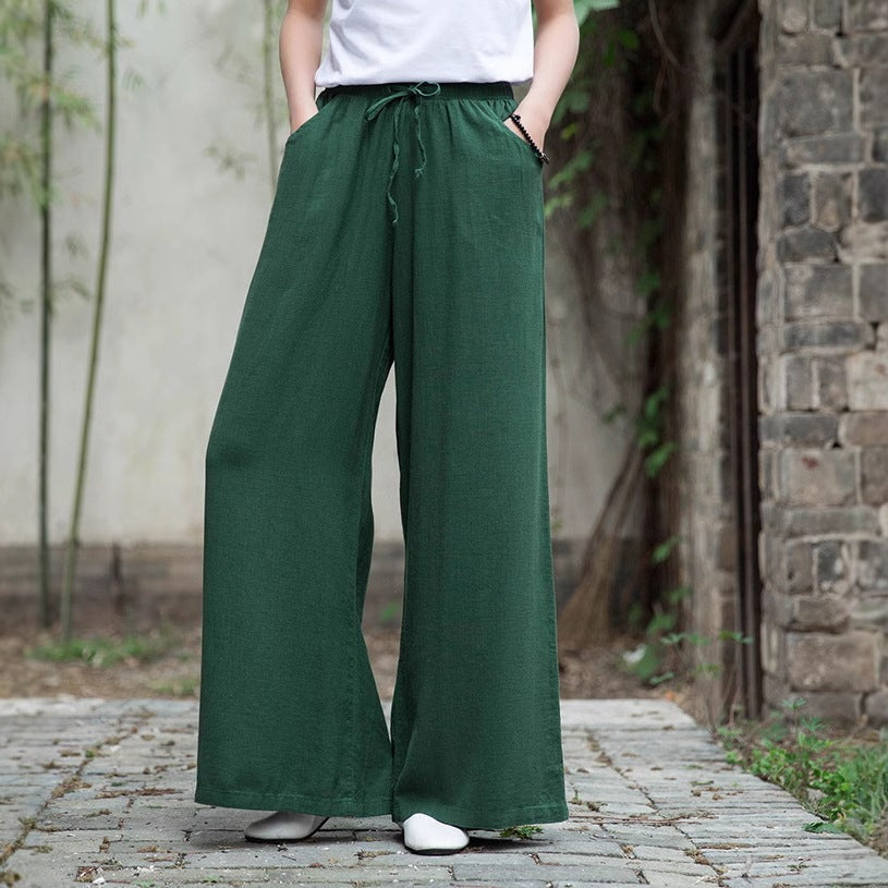 Women's Relaxed Fit Wide-Leg Trousers - Cotton Linen Blend, Drawstring Waist Green