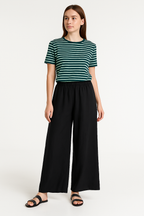 Women's Relaxed Fit Wide-Leg Trousers - Linen-Look, Elastic Waist, Casual Wear for Summer Black