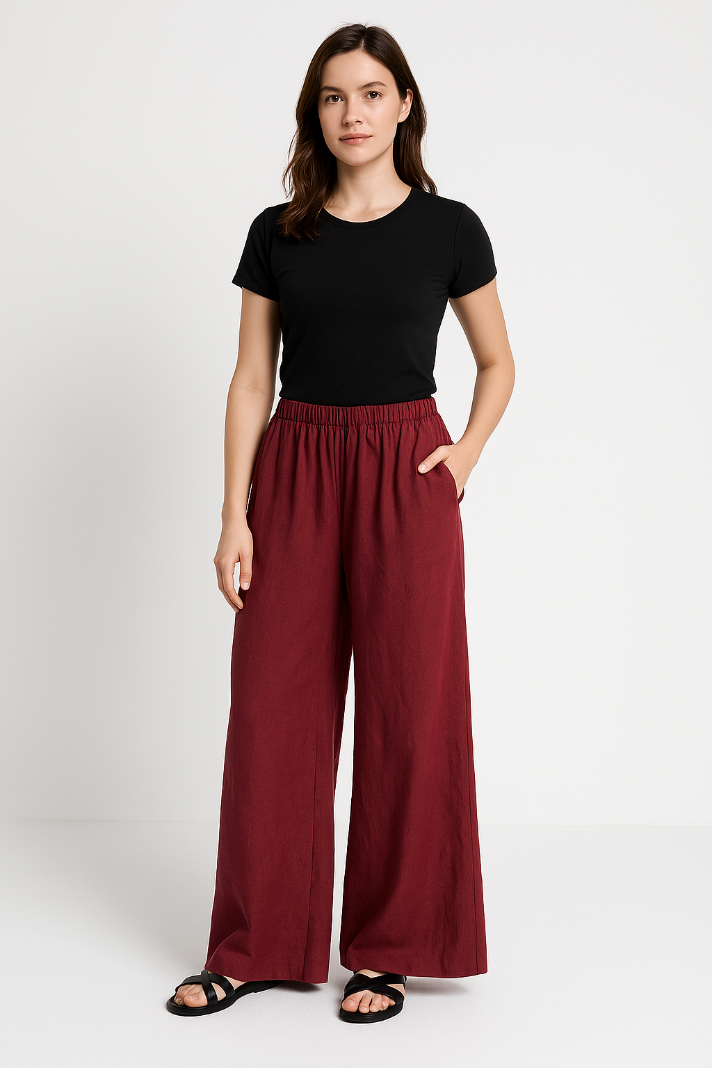 Women's Relaxed Fit Wide-Leg Trousers - Linen-Look, Elastic Waist, Casual Wear for Summer Red