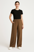 Women's Relaxed Fit Wide-Leg Trousers - Linen-Look, Elastic Waist, Casual Wear for Summer Brown