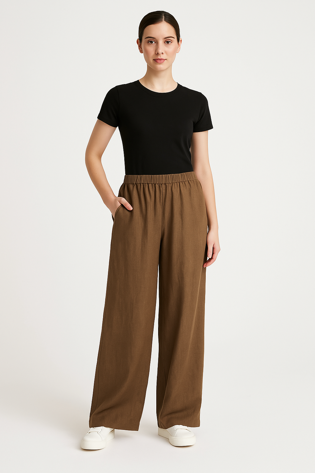 Women's Relaxed Fit Wide-Leg Trousers - Linen-Look, Elastic Waist, Casual Wear for Summer Brown