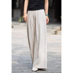 Women's Relaxed Fit Wide-Leg Trousers - Linen-Look, Elastic Waist, Casual Wear for Summer