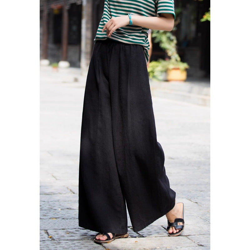 Women's Relaxed Fit Wide-Leg Trousers - Linen-Look, Elastic Waist, Casual Wear for Summer