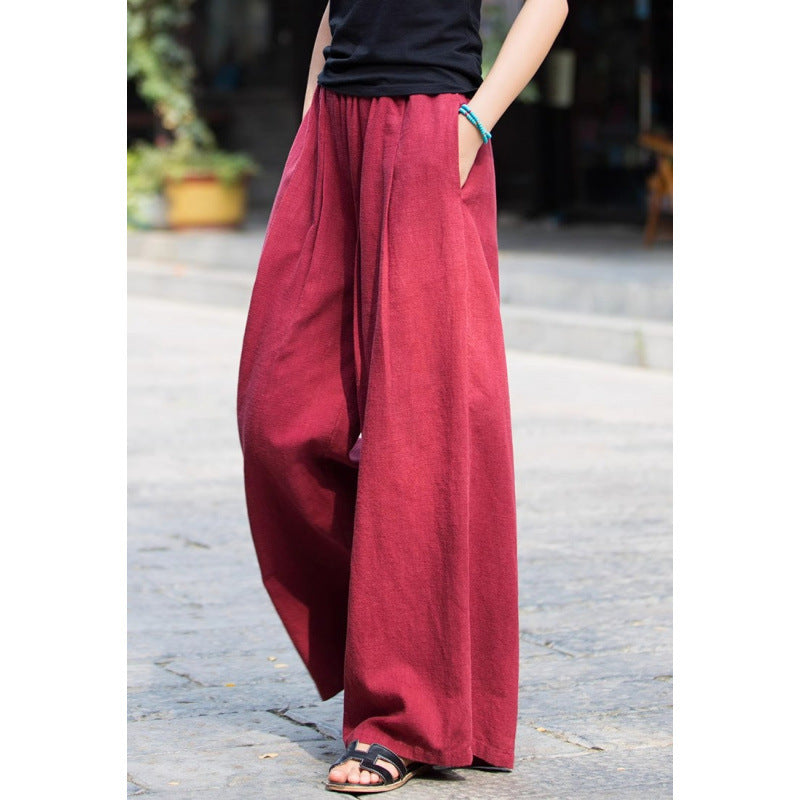 Women's Relaxed Fit Wide-Leg Trousers - Linen-Look, Elastic Waist, Casual Wear for Summer