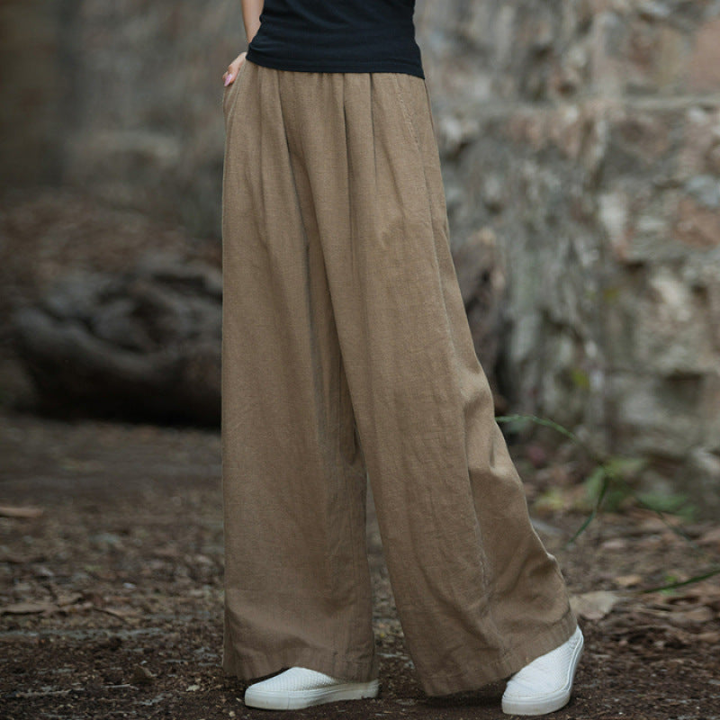 Women's Relaxed Fit Wide-Leg Trousers - Linen-Look, Elastic Waist, Casual Wear for Summer