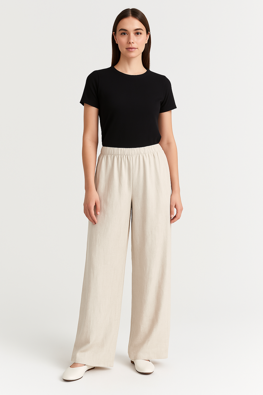 Women's Relaxed Fit Wide-Leg Trousers - Linen-Look, Elastic Waist, Casual Wear for Summer Khaki