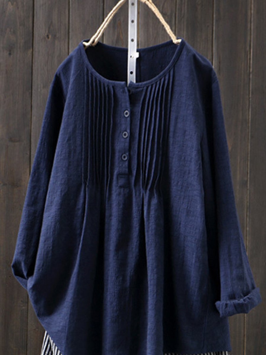 Women's Retro Casual Cotton Linen Shirt - Stylish & Comfortable Top Navy