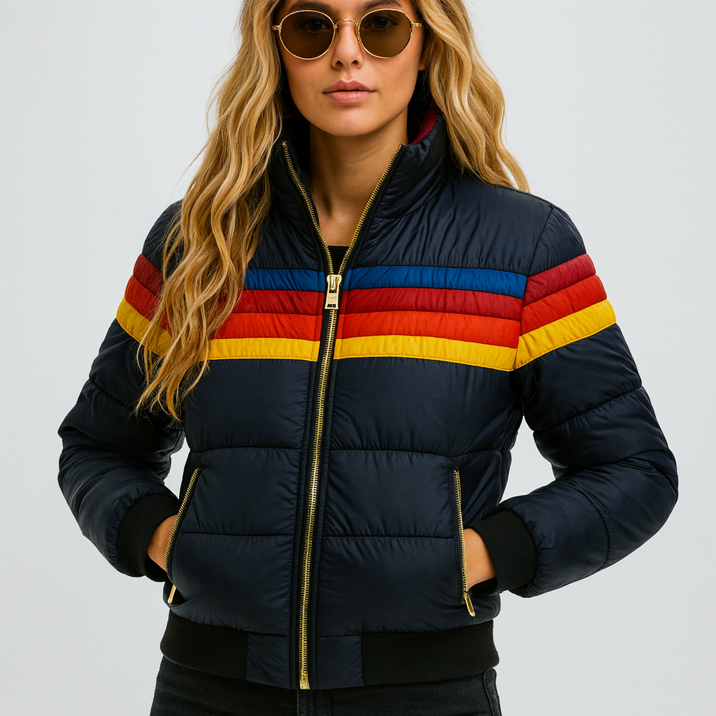 Women's Retro Striped Puffer Jacket — Winter Coat with Hood, Zip & Warm Padding Black