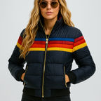 Women's Retro Striped Puffer Jacket — Winter Coat with Hood, Zip & Warm Padding Black