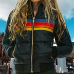 Women's Retro Striped Puffer Jacket — Winter Coat with Hood, Zip & Warm Padding