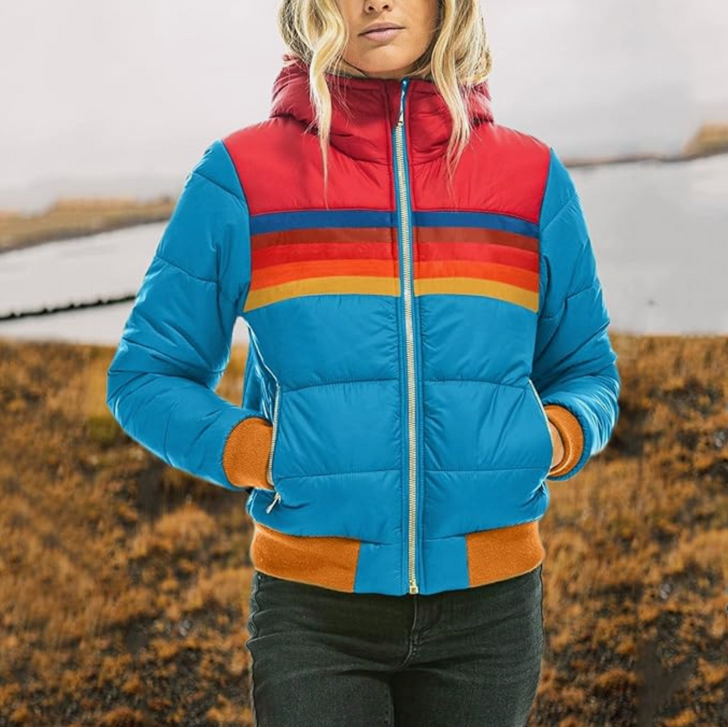 Women's Retro Striped Puffer Jacket — Winter Coat with Hood, Zip & Warm Padding Blue