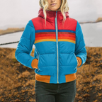 Women's Retro Striped Puffer Jacket — Winter Coat with Hood, Zip & Warm Padding Blue