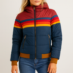 Women's Retro Striped Puffer Jacket — Winter Coat with Hood, Zip & Warm Padding Navy