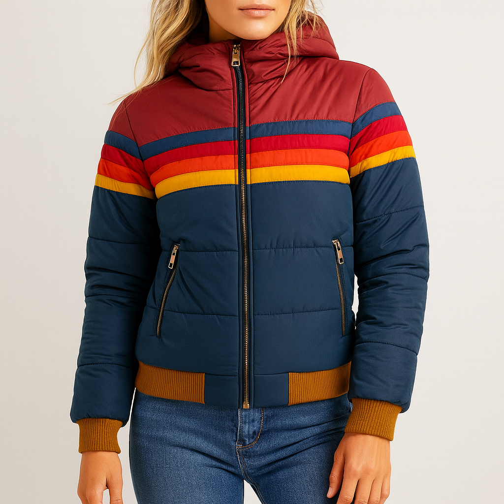 Women's Retro Striped Puffer Jacket — Winter Coat with Hood, Zip & Warm Padding Navy