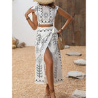 Women's Sleeveless Crop Top & Wrap Midi Skirt Set - Cotton Linen Blend