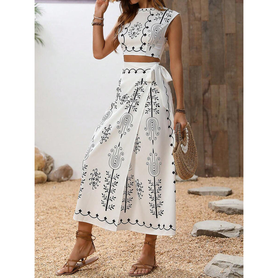 Women's Sleeveless Crop Top & Wrap Midi Skirt Set - Cotton Linen Blend