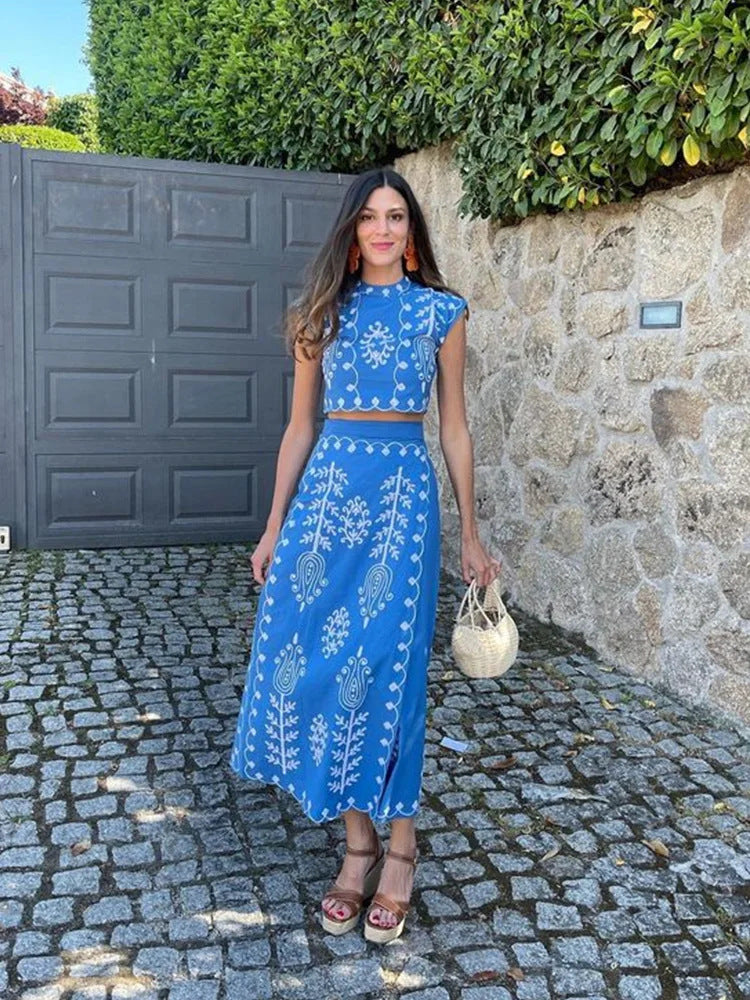 Women's Sleeveless Crop Top & Wrap Midi Skirt Set - Cotton Linen Blend Blue