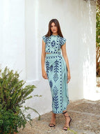 Women's Sleeveless Crop Top & Wrap Midi Skirt Set - Cotton Linen Blend Green