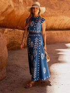 Women's Sleeveless Crop Top & Wrap Midi Skirt Set - Cotton Linen Blend Navy
