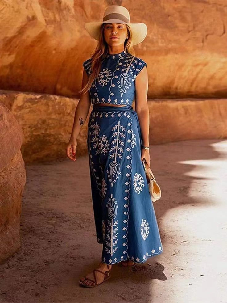 Women's Sleeveless Crop Top & Wrap Midi Skirt Set - Cotton Linen Blend Navy