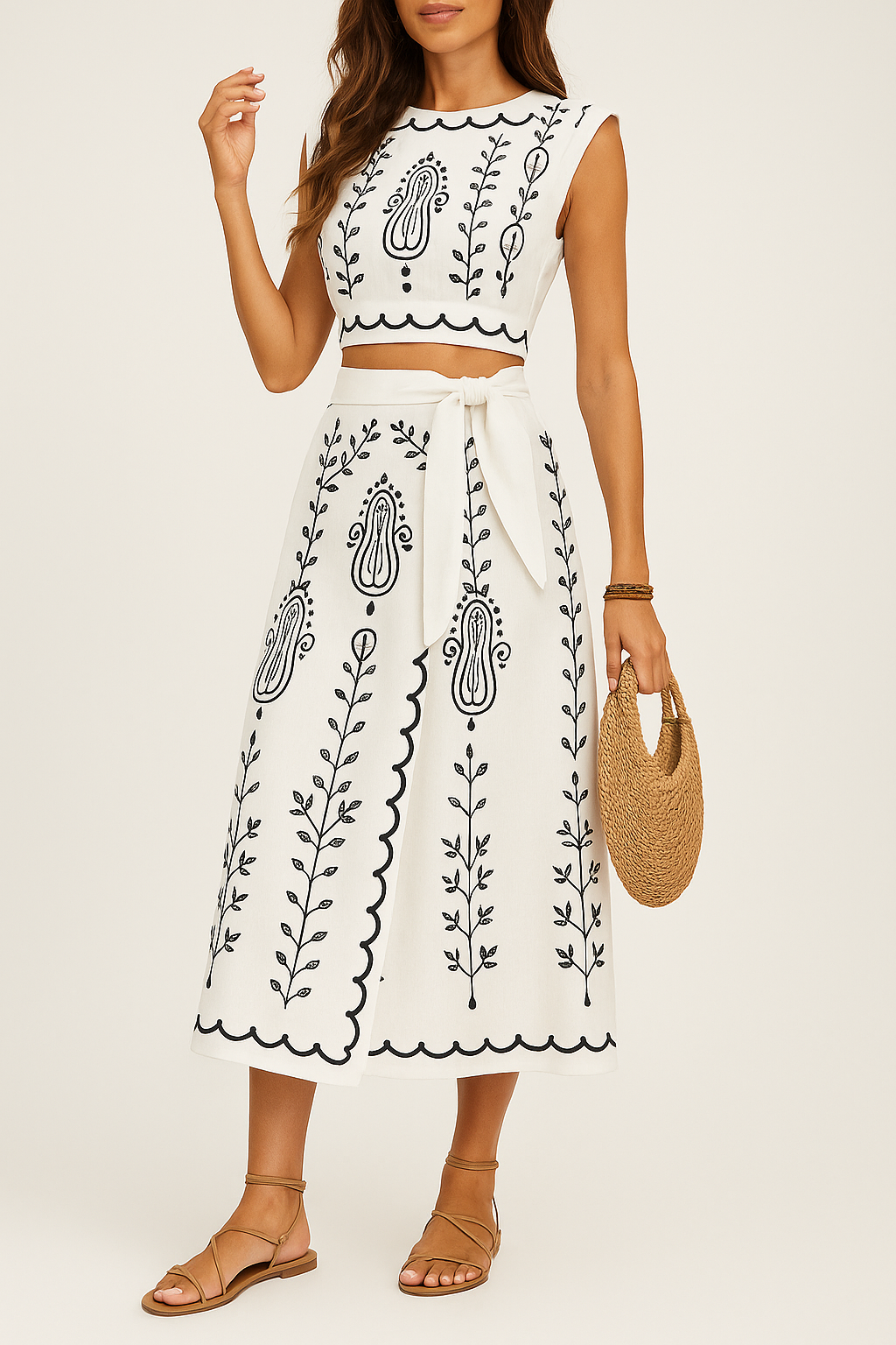 Women's Sleeveless Crop Top & Wrap Midi Skirt Set - Cotton Linen Blend White