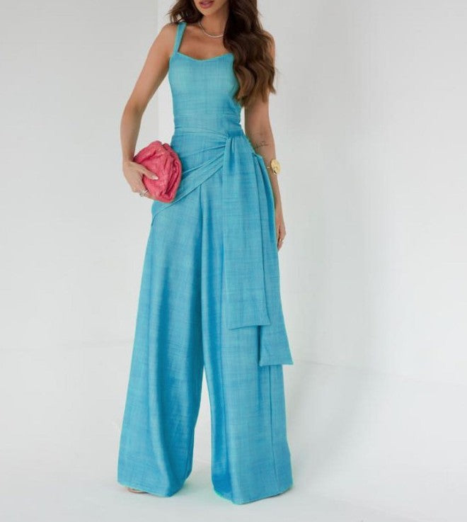 Women's Sleeveless Linen Blend Wide Leg Jumpsuit - Adjustable Waist, Full Length Light Blue