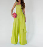 Women's Sleeveless Linen Blend Wide Leg Jumpsuit - Adjustable Waist, Full Length Yellow