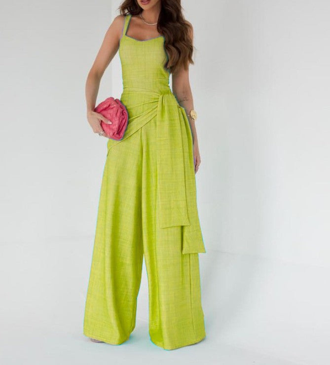 Women's Sleeveless Linen Blend Wide Leg Jumpsuit - Adjustable Waist, Full Length Yellow